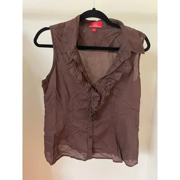 Oscar Oscar De La Renta Company Large Blouse Brown Sleeveless Ruffled Button Up - Picture 1 of 8
